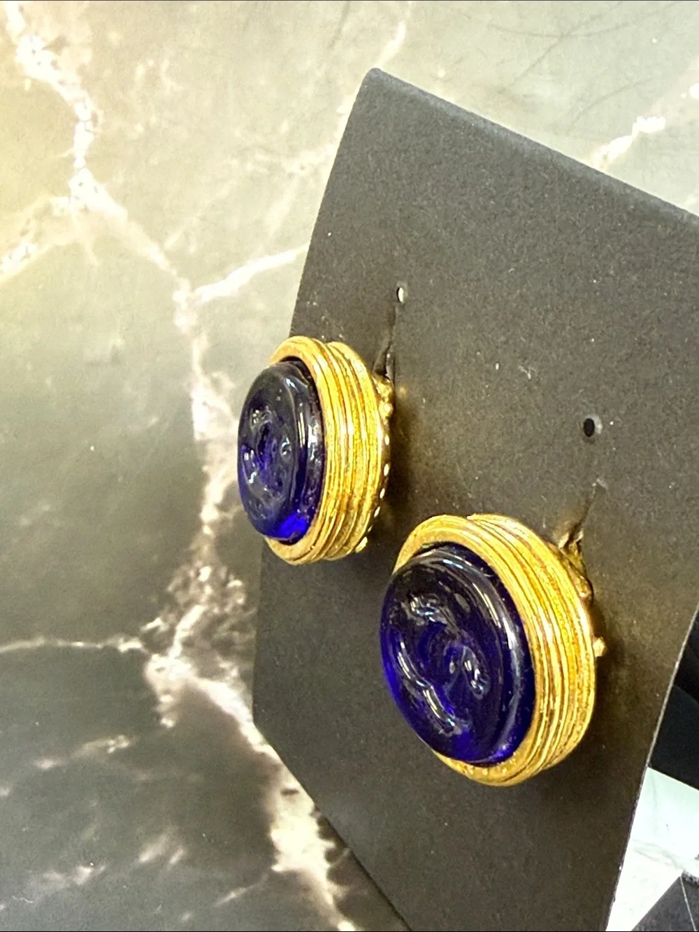 Chanel Vintage Blue Gripoix CC Button Motif Clip-on Earring